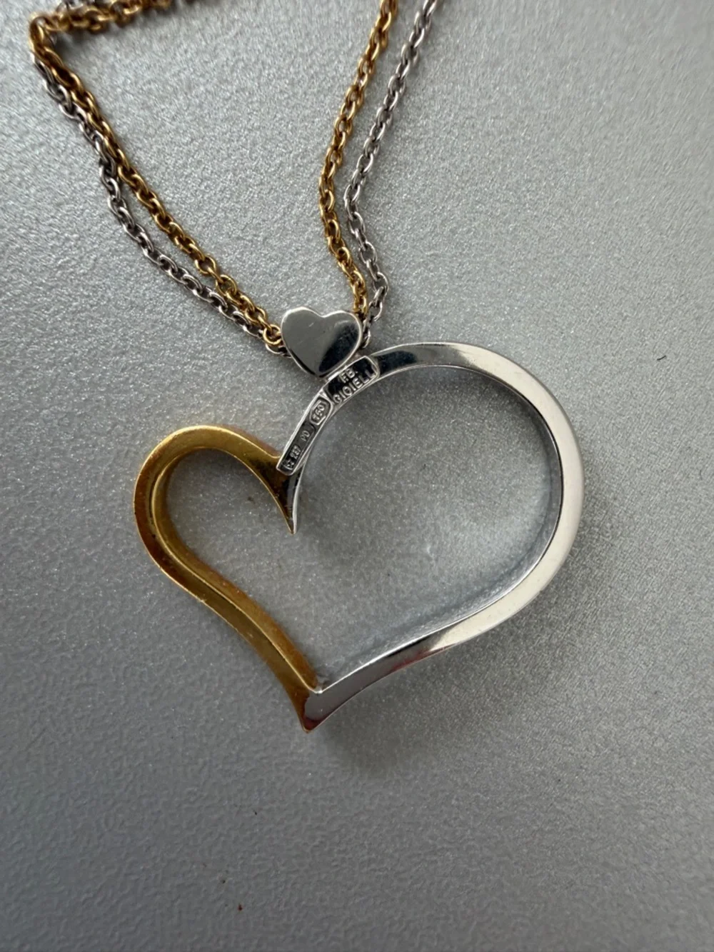 18K 750 Italian Two-Tone White & Yellow Gold Heart Necklace 17” FB Gioielli - Picture 4 of 7